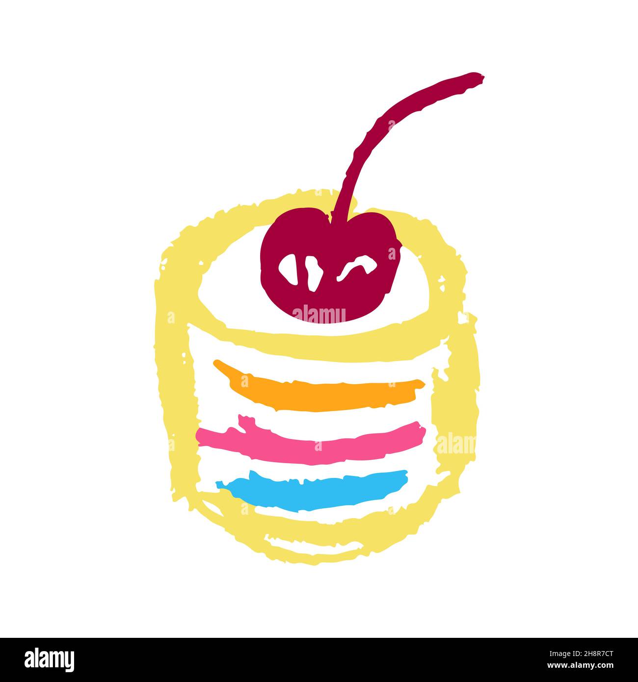 Kuchen. Symbol im Handzeichnen-Stil. Zeichnen mit Wachsmalstiften, farbiger Kreide, Kinderkreativität. Vektorgrafik. Signieren Stock Vektor