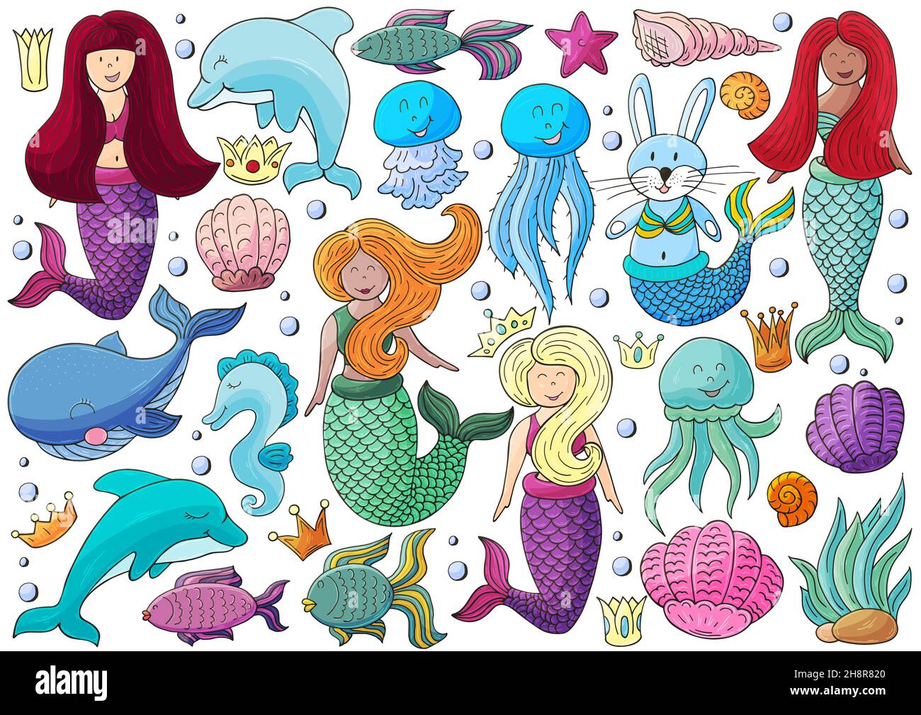 Große Reihe von Illustrationen zum Thema Meer. Meerjungfrauen und Meeresteile im Handzeichnen-Stil. Sammlung von Vektorgrafiken für Ihr Design. Zeichen, Stock Vektor