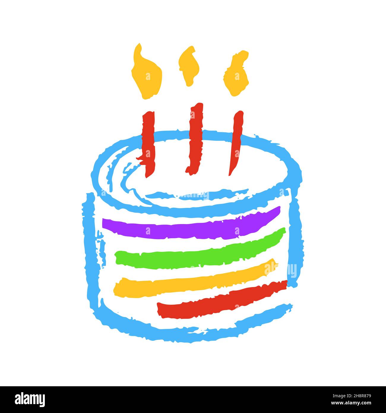 Kuchen. Symbol im Handzeichnen-Stil. Zeichnen mit Wachsmalstiften, farbiger Kreide, Kinderkreativität. Vektorgrafik. Schild, Symbol, Stift, Aufkleber Stock Vektor