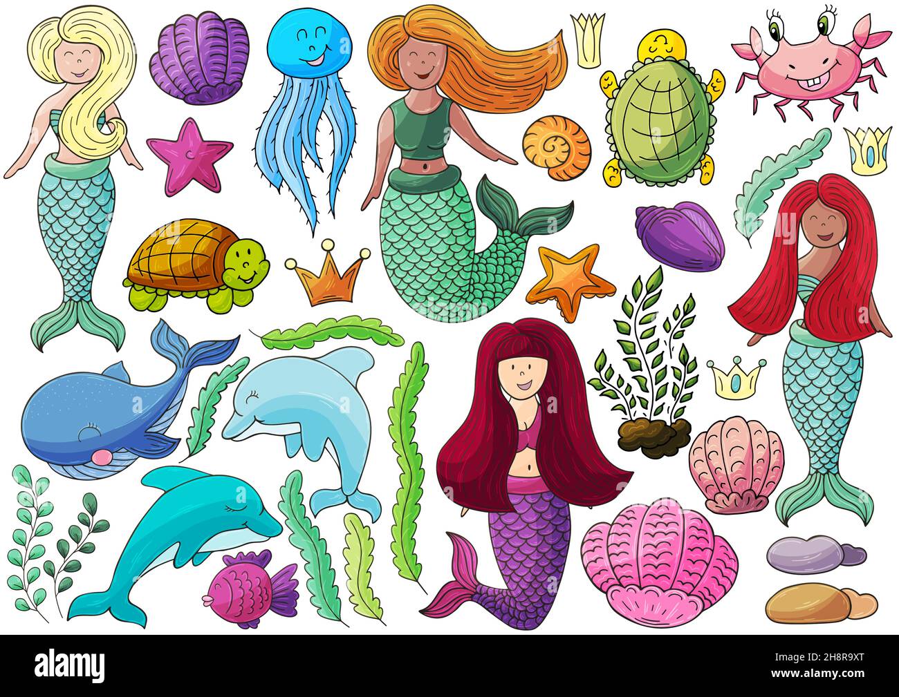 Große Reihe von Illustrationen zum Thema Meer. Meerjungfrauen und Meeresteile im Handzeichnen-Stil. Sammlung von Vektorgrafiken für Ihr Design. Signieren Stock Vektor