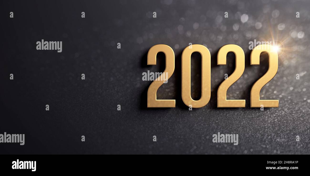 Neujahr Grußkarte 2022. Datumsnummer in Gold auf glitzerndem schwarzem Hintergrund - 3D Abbildung Stockfoto