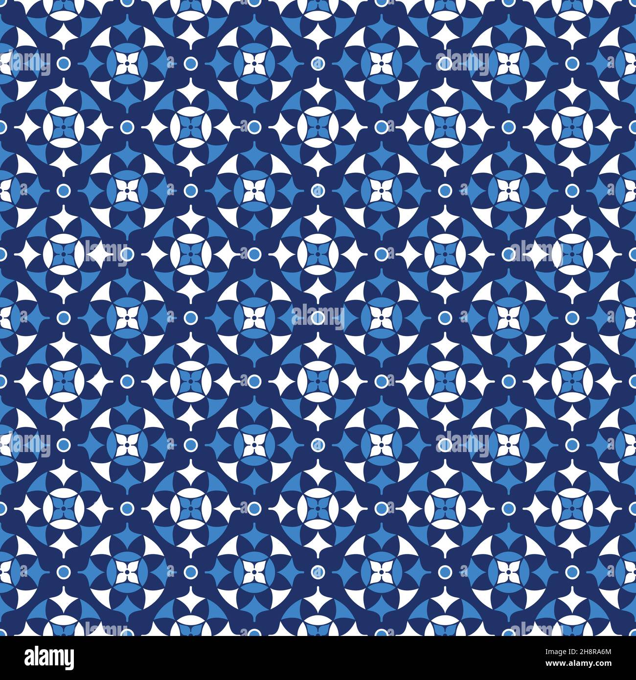 Nahtlose blaue Damast-Tapete mit geometrischem Blumenmuster. Vektorformat. Stock Vektor