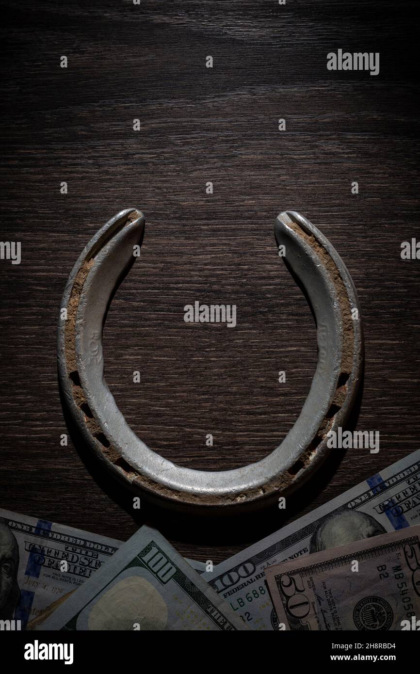Hufeisen, auf Holzgrund, umgeben von Bargeld Stockfoto