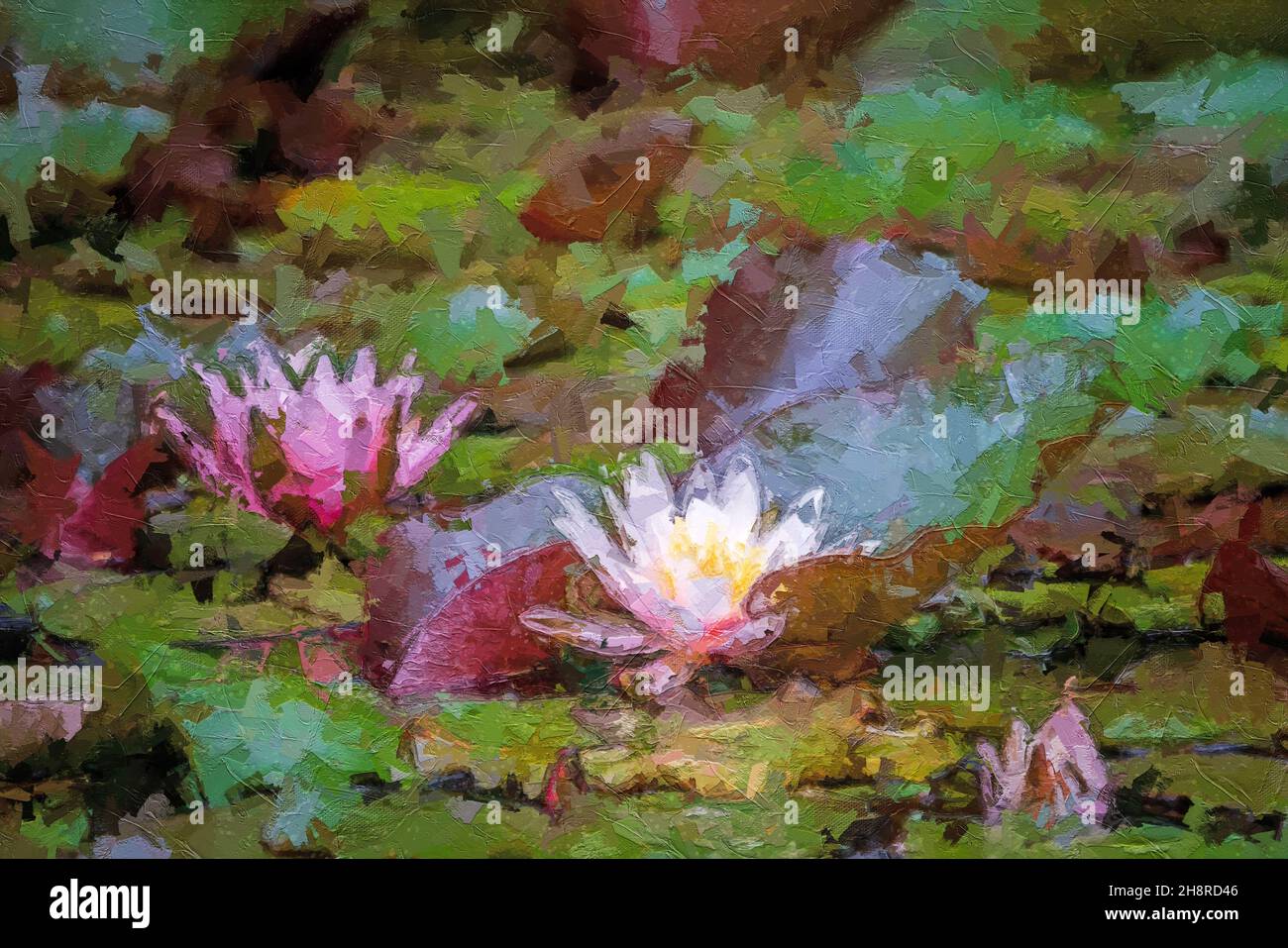 Rosa Seerosen im Teich, mehrfarbige Texturmalerei Stockfoto