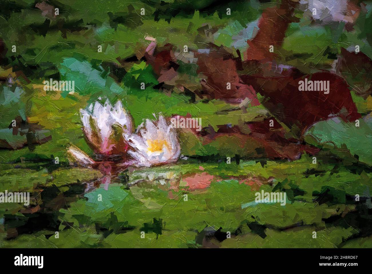 Rosa Seerosen im Teich, mehrfarbige Texturmalerei Stockfoto
