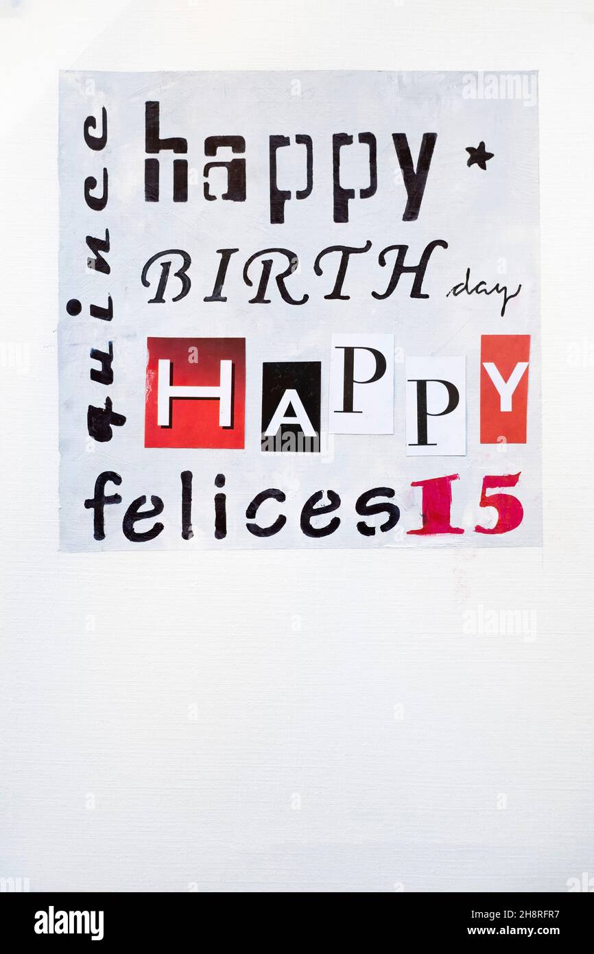 15th Geburtstagskarte, alles gute zum Geburtstag, 15th Jahre, 15th Jahre, Collage Illustration, Vertikal Stockfoto