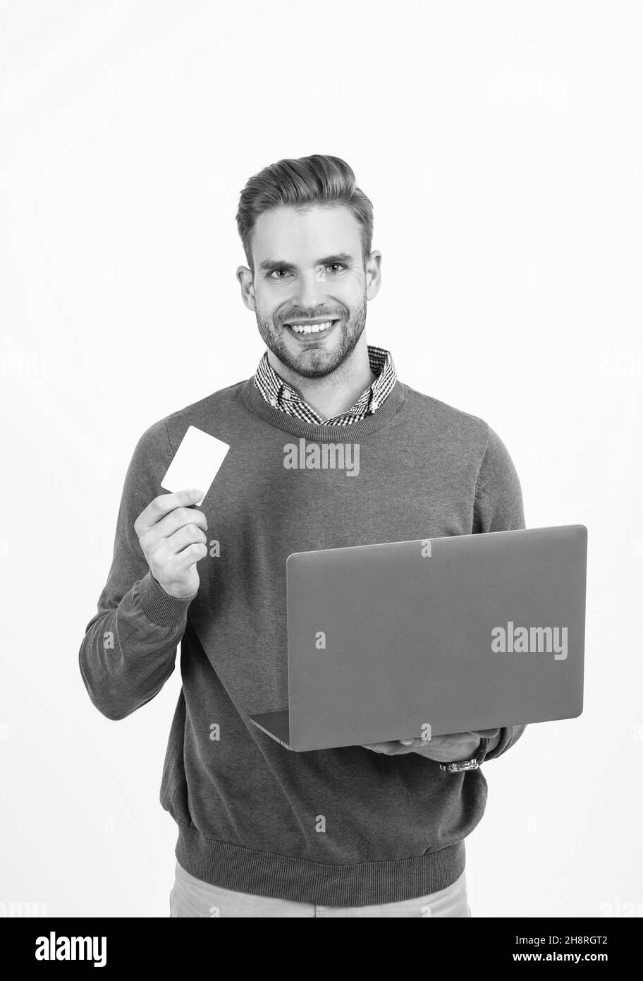 Online-Shopping. Cyber monday. Schnelle pc-Zahlung. Schöner Mann mit Laptop. Netzwerkadministrator Stockfoto