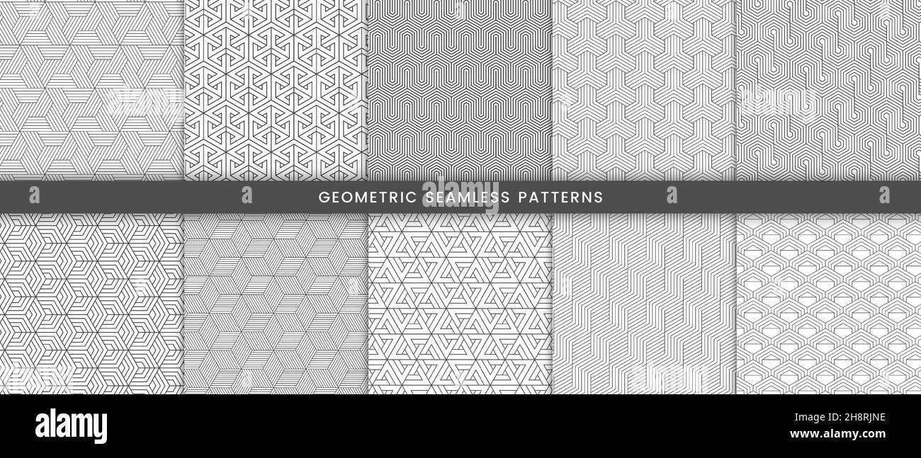 Satz von geometrischen Muster mit Streifen Linien polygonale Form grau auf weißem Hintergrund Stock Vektor