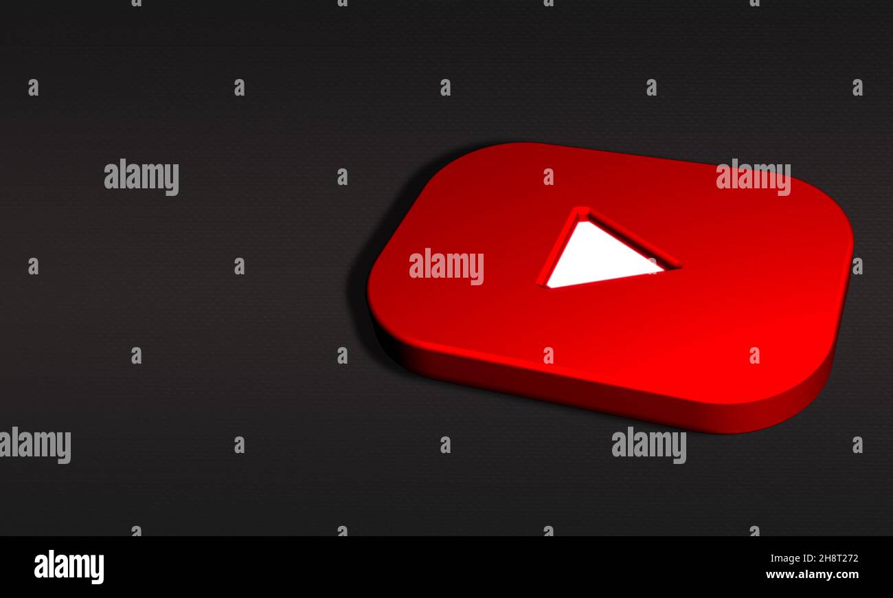 YouTube Logo 3D Darstellung im dunklen Texturhintergrund rendern. Dreidimensionales You Tube Video-Symbol auf Asphalt-Boden mit Kopierraum. 3D Stockfoto