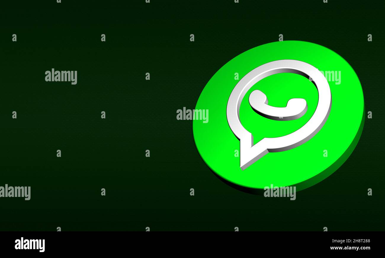 WhatsApp Button 3D Rendering Design auf dunkelgrünem Hintergrund. Dreidimensionales What's App-Logo Grün glänzendes Symbol. Wenig Platz Stockfoto