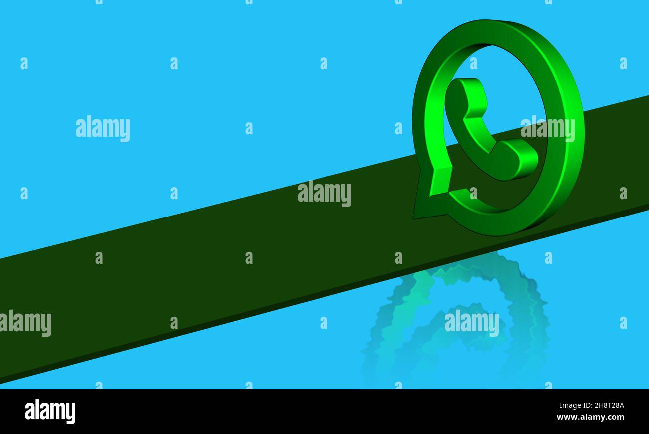 WhatsApp Button 3D Wasserspiegelungseffekt Rendering. Design auf unscharfem Hintergrund. Dreidimensionales What's App-Logo Grün glänzendes Symbol. Minimal Stockfoto