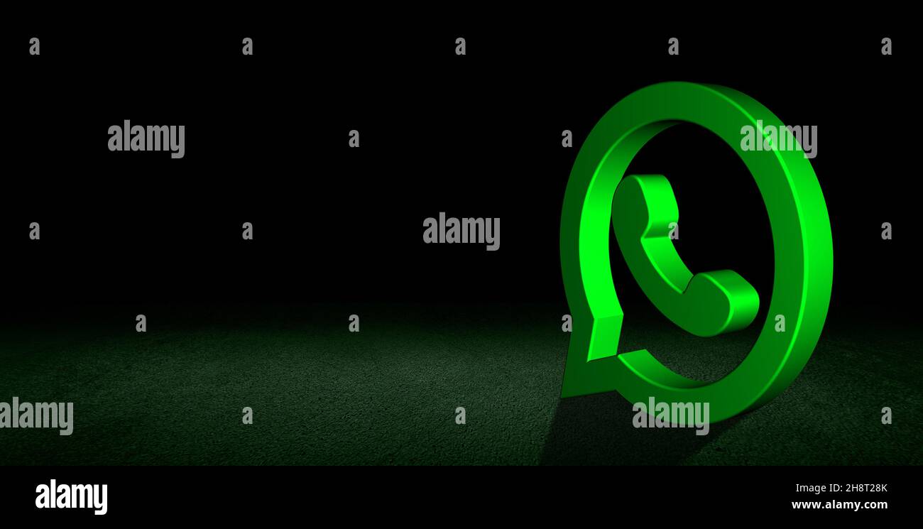 3D Rendering WhatsApp Logo Banner Design im dunklen grungigen Hintergrund. Dreidimensionale What's App Grün glänzendes Symbol. Minimaler Kopierspeicher. Soziale Medien Stockfoto