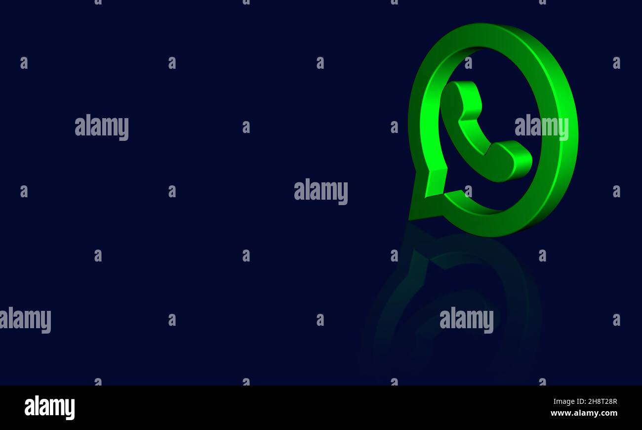 Modernes WhatsApp 3D Logo Minimal in dunkelblau Hintergrund mit Kopierfläche. Glänzend was App-Symbol Glas Schatten trendigen Stil. 3D Rendern Stockfoto