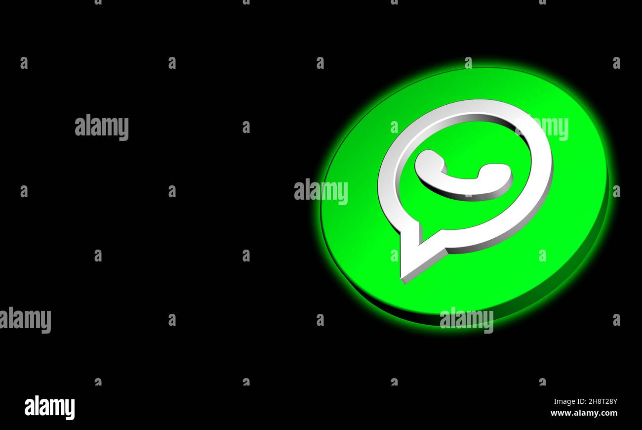 WhatsApp Button 3D Rendering Design auf schwarzem Hintergrund. Dreidimensionales What's App-Logo Grün glänzendes Symbol. Stockfoto