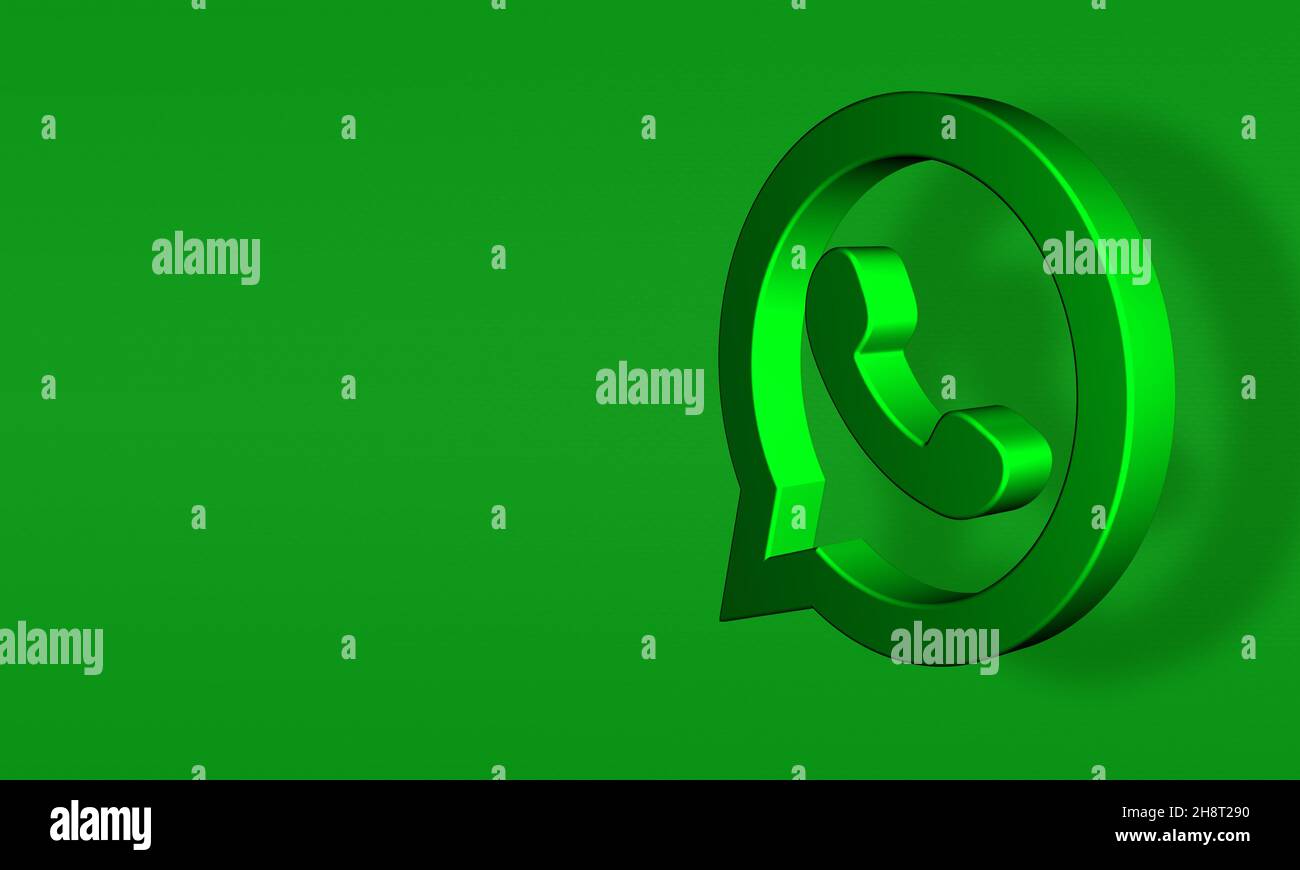 3D WhatsApp Logo Minimal Grüner Hintergrund mit Kopierraum. Hochglanz, was App Icon 3D Rendering ist Stockfoto