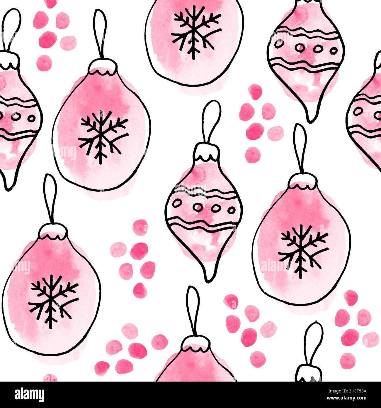 Aquarell nahtlose handgezeichnete Muster mit rosa Weihnachtselemente, moderne Boho Hintergrund mit erröten Girly Ornamente Schneeflocken Strümpfe abstrakte Formen, zum Einwickeln Papier Textil Party Dekoration Stockfoto