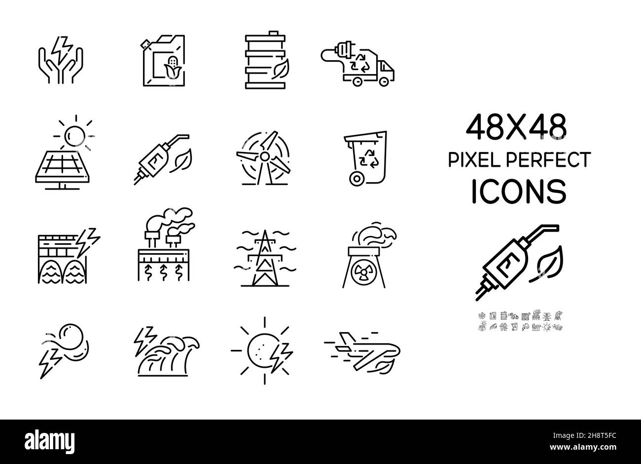 Nachhaltige Energieerzeugung und -Nutzung. Recycling und alternative Energiequellen. Pixel Perfect, bearbeitbare Kontursymbole eingestellt Stock Vektor
