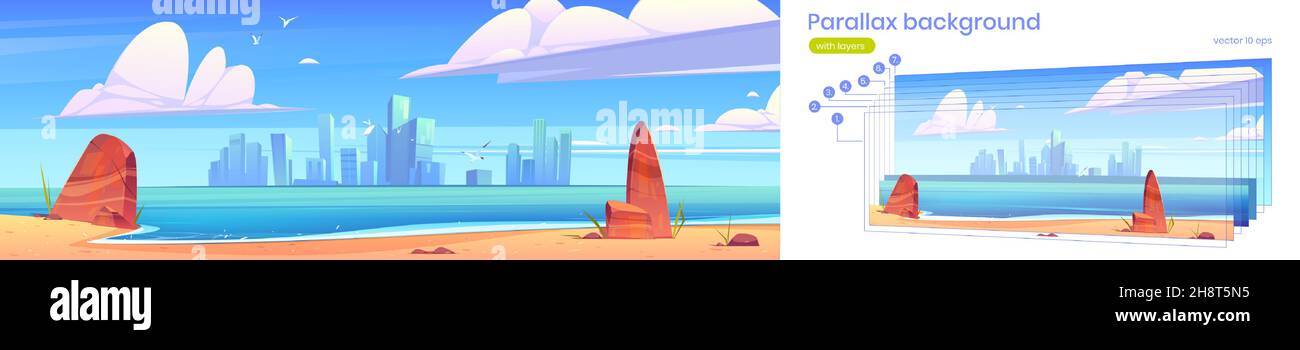 Parallax Hintergrund City Skyline Architektur am Wasser Bucht Blick vom Meer Strand. Moderne Megapolis mit Wolkenkratzern Gebäude, getrennte Schichten für 2D Spiel Animation, Cartoon Vektor Illustration Stock Vektor