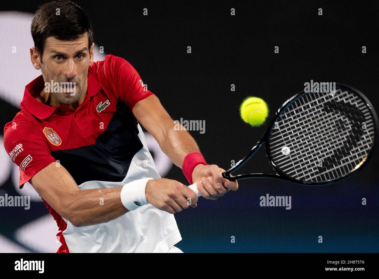 SYDNEY, AUSTRALIEN - 12. JANUAR: Novak Djokovic aus Serbien spielt am 2020. Januar 2020 in Sydney, Australien, beim ATP Cup Tennis 12 in der Ken Rosewall Arena eine Rückhand beim 10. Tag des Einzelfinales. Stockfoto