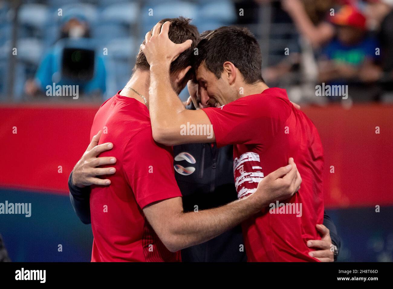 SYDNEY, AUSTRALIEN - 12. JANUAR: Das serbische Team feiert den Gewinn des ATP Cup Tennis 2020 in der Ken Rosewall Arena am 12. Januar 2020 in Sydney, Australien. Stockfoto