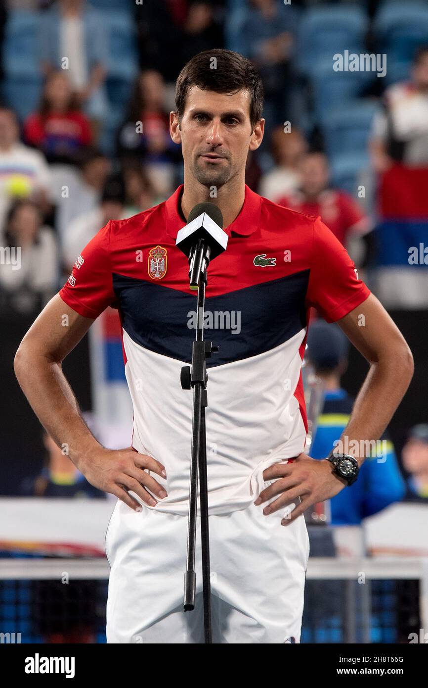 SYDNEY, AUSTRALIEN - 12. JANUAR: Novak Djokovic aus Serbien spricht bei der Präsentation beim ATP Cup Tennis 2020 in der Ken Rosewall Arena am 12. Januar 2020 in Sydney, Australien. Stockfoto