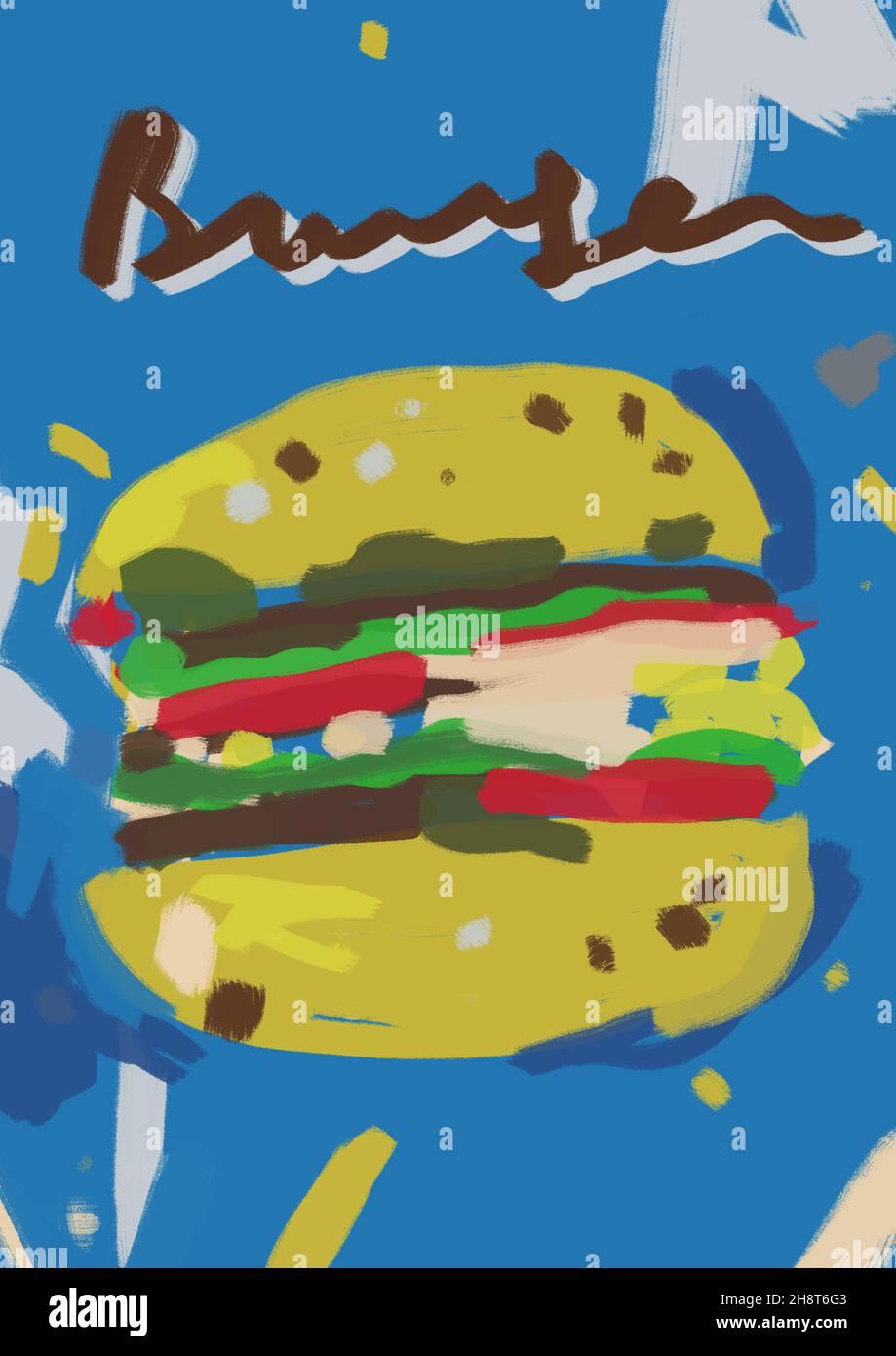 Kunst und Handwerk Produkt Burger Street Food und Street Art, blau und Splash-Farbe, Grunge Render, ästhetische Graffiti. Fast Food Grunge Malerei und Vibration Stockfoto