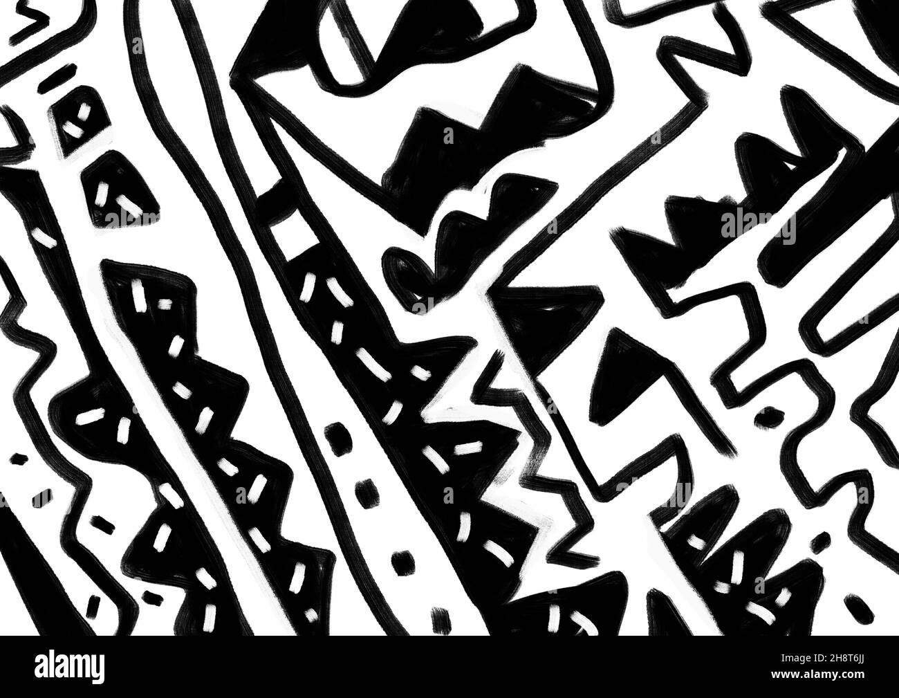 Abstraktes afrikanisches und symbolisches Kunstprodukt mit figurativen Graffiti. Hintergrund gemaltes Bild, schwarz-weiß. Graffiti für Kalender, Druck Stockfoto