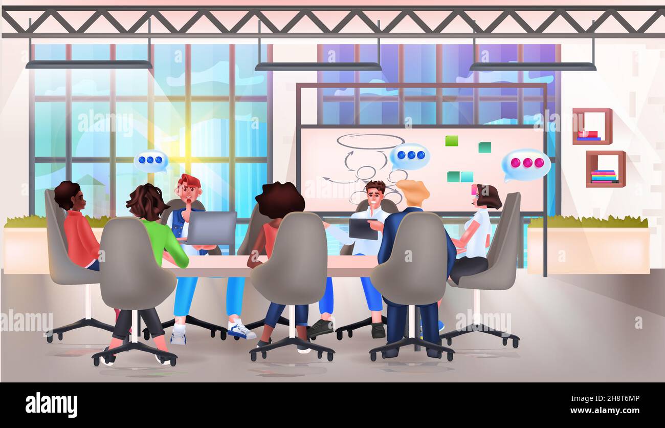 Geschäftsleute diskutieren während des Meetings am runden Tisch Chat Bubble Kommunikation Teamwork Brainstorming Stock Vektor