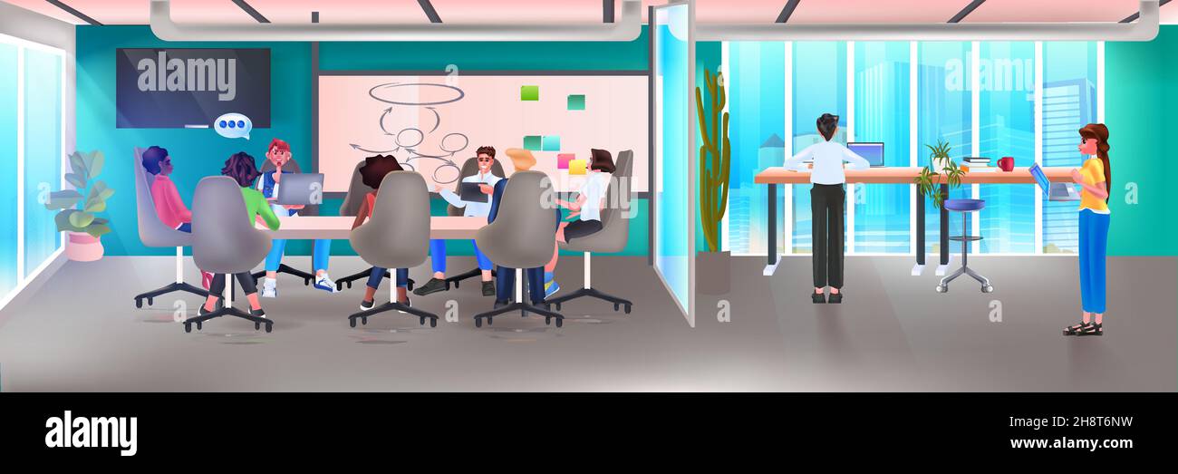 Geschäftsleute diskutieren während des Meetings am runden Tisch Chat Bubble Kommunikation Teamwork Brainstorming Stock Vektor