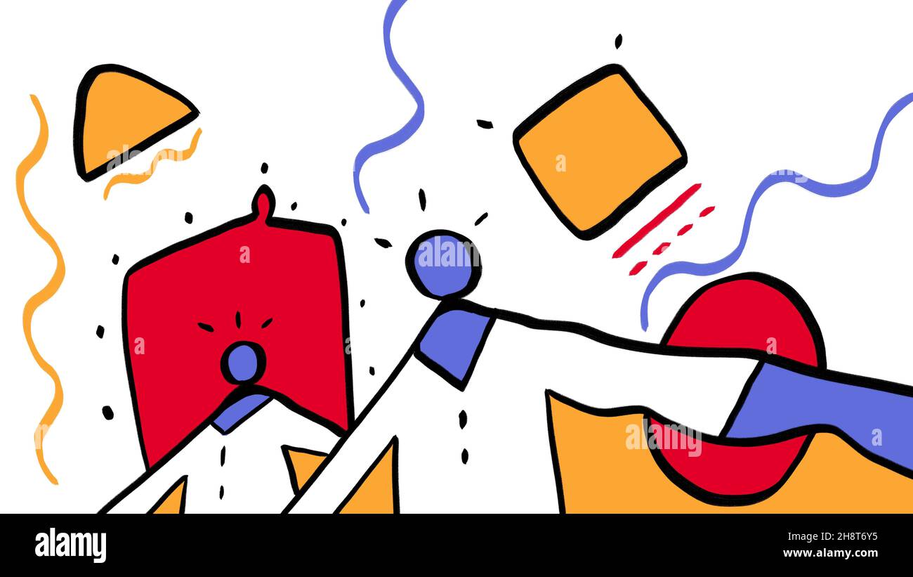 Anmutige Teamarbeit mit Linien und abstrakten Formen, Illustration mit flachem Design. Glücksgefühl Vibe Skizze Kunst, starke Farbe. Flaches Design für Buh Stockfoto