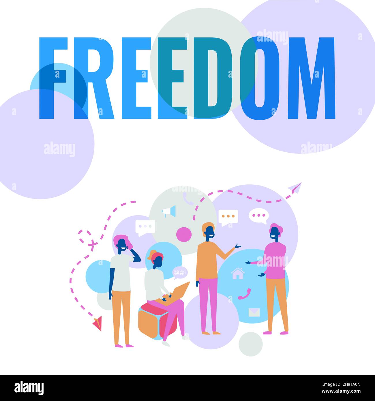 Schild mit der Anzeige „Freiheit“. Wort für Freiheit statt in Gefangenschaft oder unter körperlicher Einschränkung vier Kollegen Illustration Gespräche führen Stockfoto