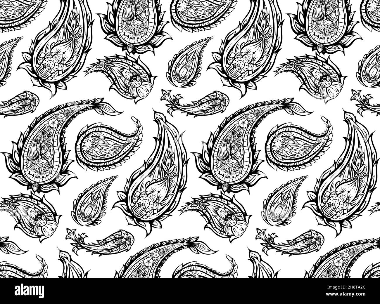 Nahtloses, einfarbiger Paisley-Muster. Schwarze Stammesblüten-Textur auf weißem Hintergrund. Indisches Ornament. Vektor-Boho-Dekoration Stock Vektor