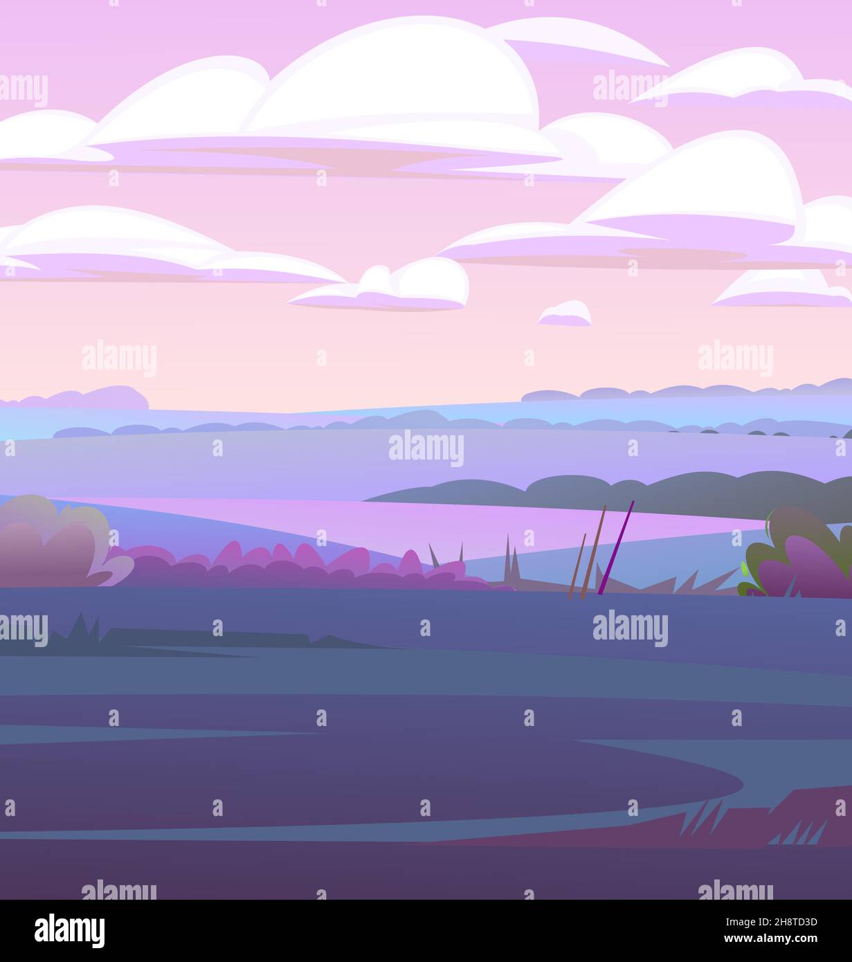 Abendlandschaft. In rosa und lila Farben. Ländliche Landschaft schöne Aussicht. Dämmerung nach Sonnenuntergang. Früh am Morgen vor Sonnenaufgang. Felder und Mea Stock Vektor