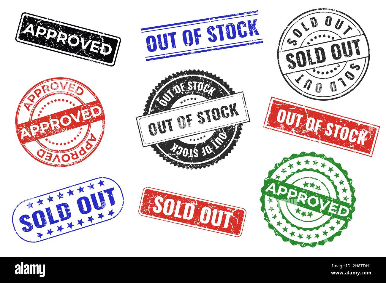 Set von Aufdrucken von Gummistempeln mit Marketing- und Handelswörtern Approved, Sold Out, nicht vorrätig von roten, schwarzen, blauen, grünen Farben auf weißem Hintergrund Stockfoto