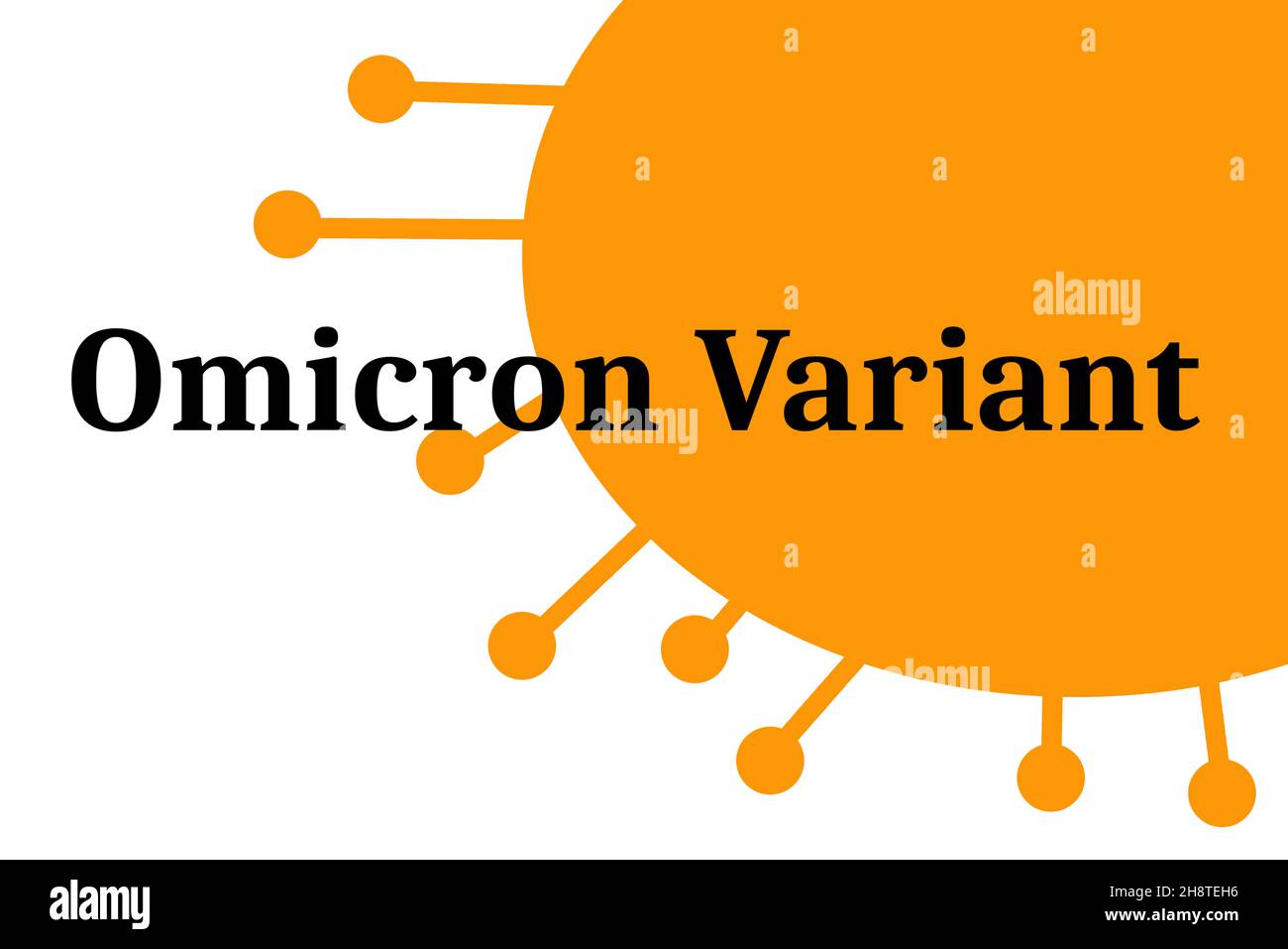 Covid Omicron Variante in orange mit Phrase Omicron Variante in schwarz auf weißem Hintergrund Stockfoto