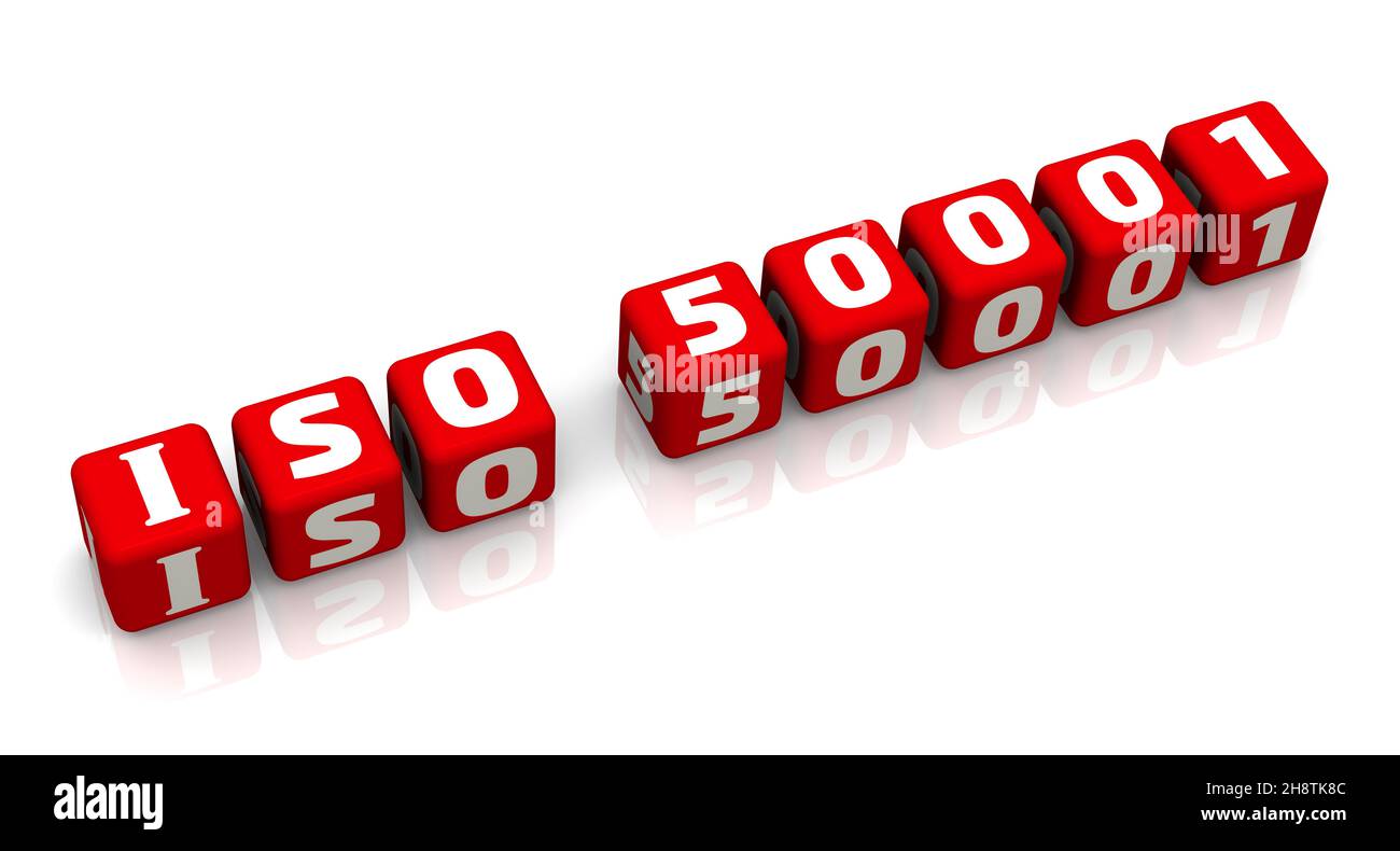 ISO 50001 Text aus roten Würfeln Abkürzung ISO 50001 (Energy Management Systems) besteht aus roten Würfeln, die in einer Reihe auf einer weißen Oberfläche angeordnet sind. Stockfoto