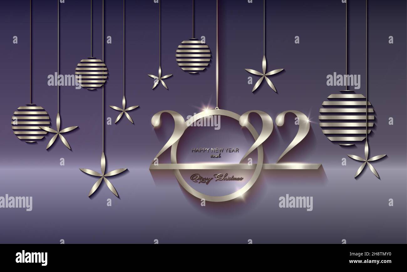 2022 Weihnachts-Luxus-Weihnachtsbanner mit silberfarbenen handgeschriebenen Frohe Weihnachten und Frohes Neues Jahr, platinfarbene Weihnachtskugeln. Vektorgrafik Stock Vektor