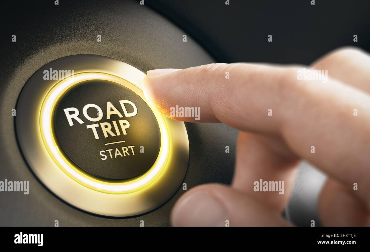 Drücken Sie mit dem Finger eine Auto-Taste mit dem Text Road Trip Start. Roadtrip-Konzept. Zusammengesetztes Bild zwischen einer Handfotografie und einem 3D Hintergrund. Stockfoto