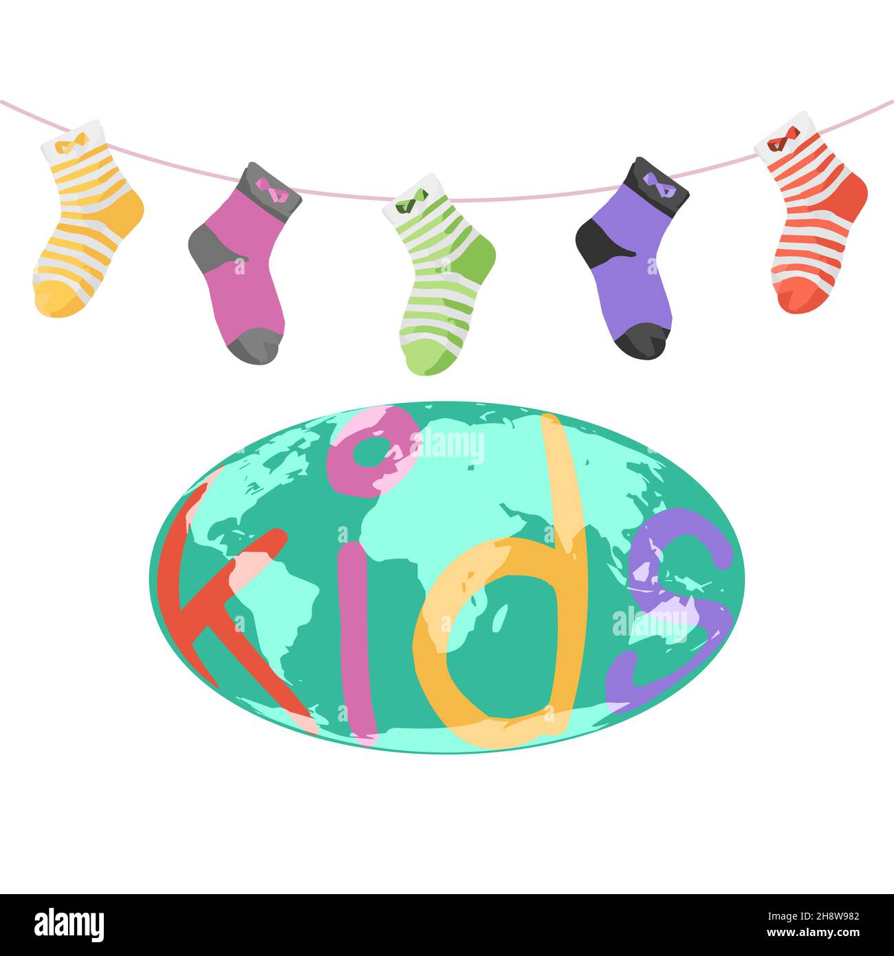 Vektorbild. Illustration unseres Planeten Erde. Untergeordnete Text-Elemente. Mehrfarbige Socken Stock Vektor