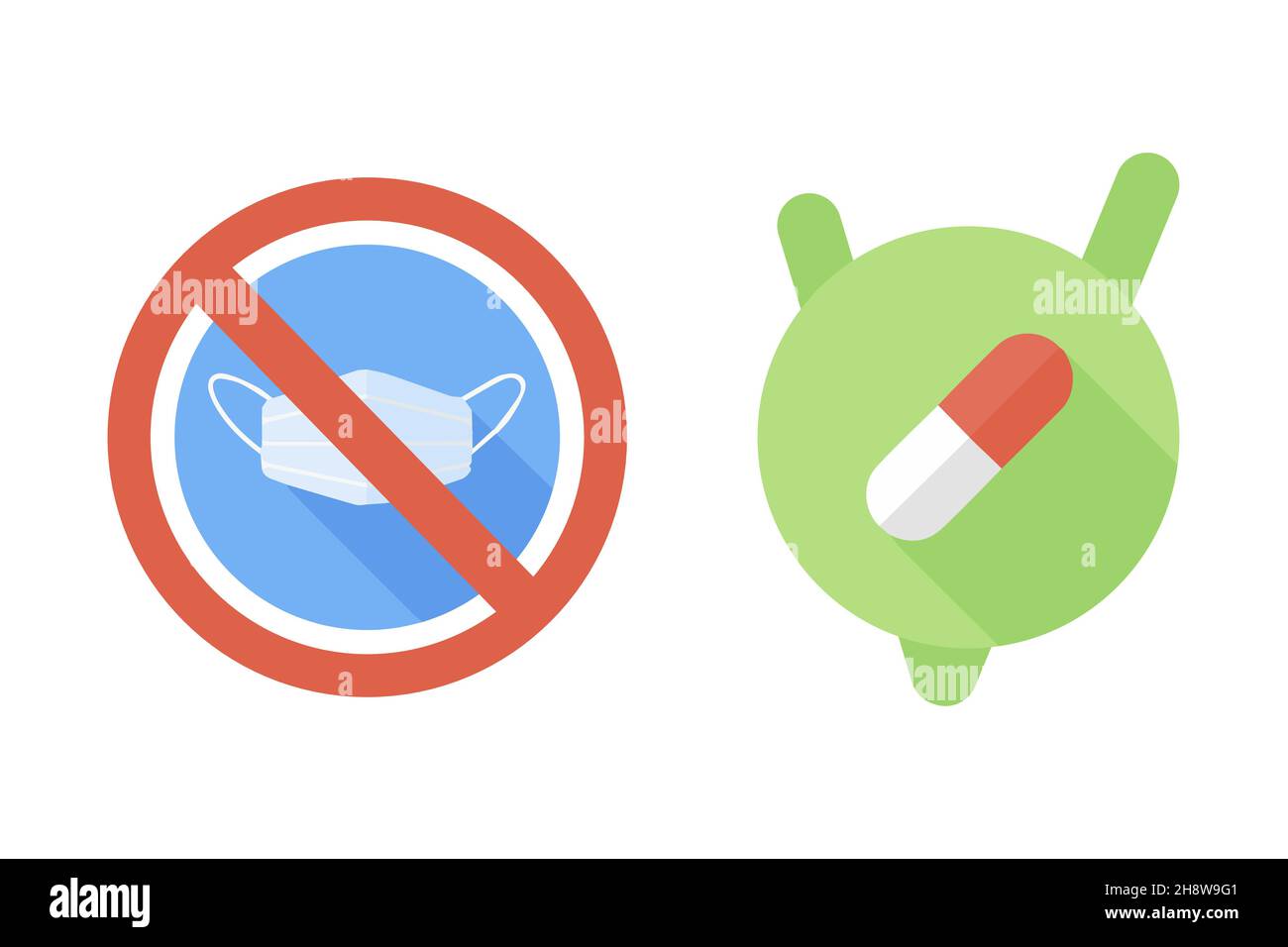 Vektorgrafik. Maske und Impfstoff. Zwei Symbole symbolisieren den Sieg über das Coronavirus Stock Vektor