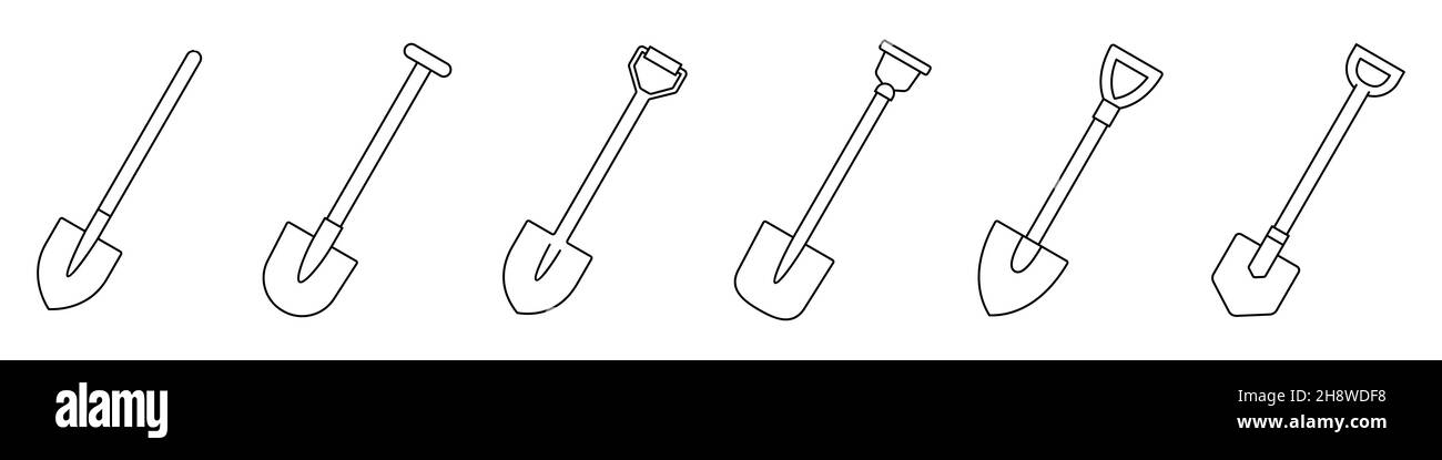 Schaufelsymbol. Schaufel zum Graben und Bauen. Satz Schaufeln. Symbol für Handwerkzeug. Vektorgrafik. Schaufeln Sie lineare Symbole Stock Vektor
