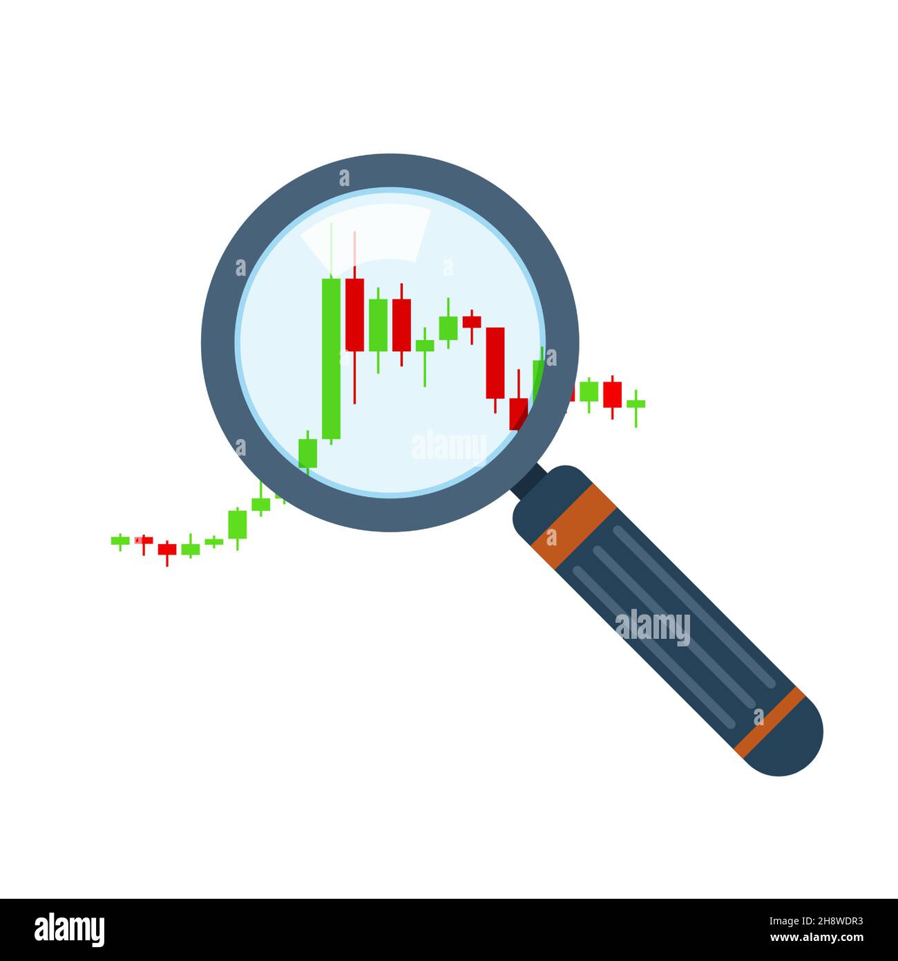 Business-Symbol. Konzept der Finanzanalyse. Vektorgrafik. Finanz-Candlestick-Chart mit Lupe. Stock Vektor