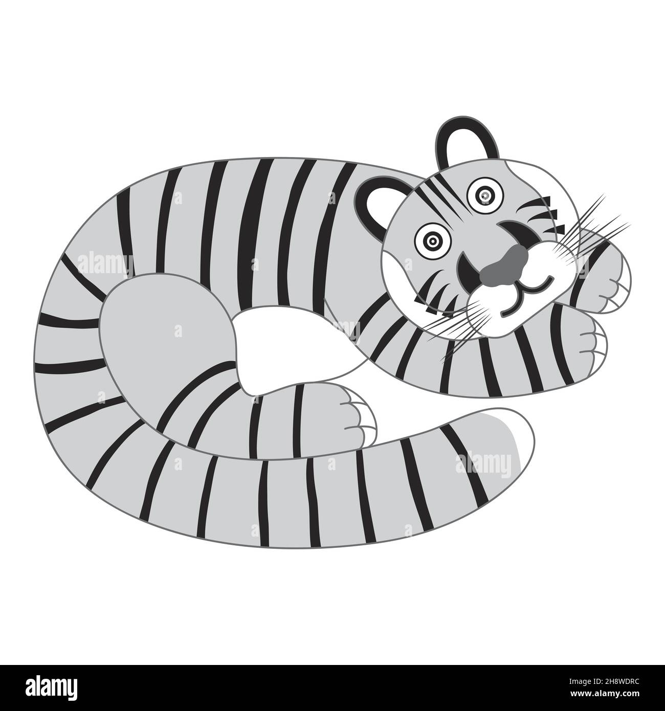 Monochromer niedlicher kleiner Tiger. Gestreiftes Raubtier-Junge. Blauwassertiger. Chinesisches Neujahrssymbol. Wilde Katze Junge liegt. 2022 Jahre Maskottchen. Vektordarstellung Stock Vektor