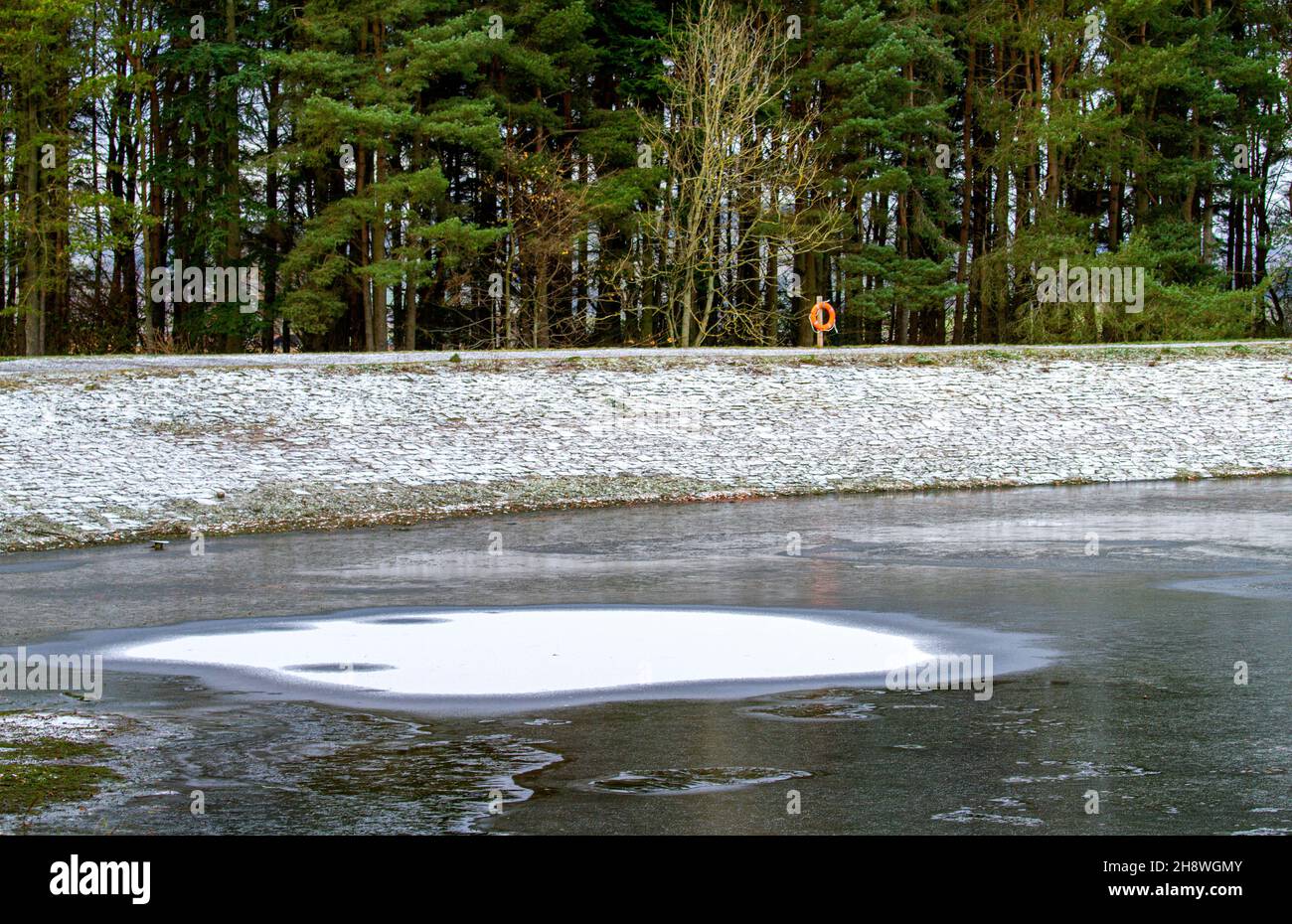 Dundee, Tayside, Schottland, Großbritannien. 2nd Dez 2021. Wetter in Großbritannien. Das Wetter in Nordost-Schottland ist im Dezember bitterkalt mit Temperaturen von bis zu 3 Grad Der Clatto Country Park im ländlichen Dundee bietet aufgrund des Eises, das sich auf dem Park-Teich entwickelt hat, eine lebhafte Winterstimmung. Kredit: Dundee Photographics/Alamy Live Nachrichten Stockfoto
