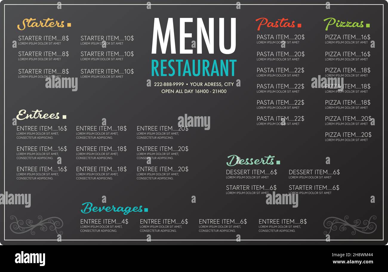 Restaurant Menü Flyer Vorlage Layout Design schwarzen Hintergrund Schriftarten sind europa light und armonia Skript Stock Vektor