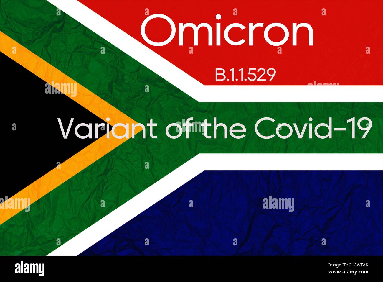 Südafrikanische Flagge mit Inschrift Omicron B.1.1.529 Variante des Covid-19 Stockfoto