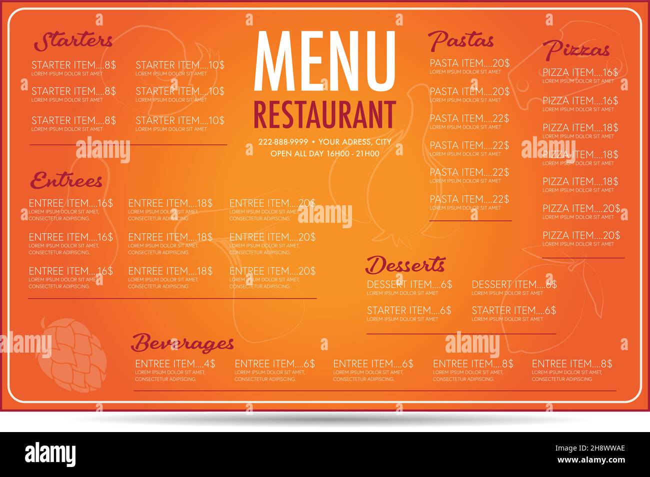 Restaurant Menü Flyer Vorlage Layout Design orange Hintergrund Schriftarten sind europa light und armonia Skript Stock Vektor