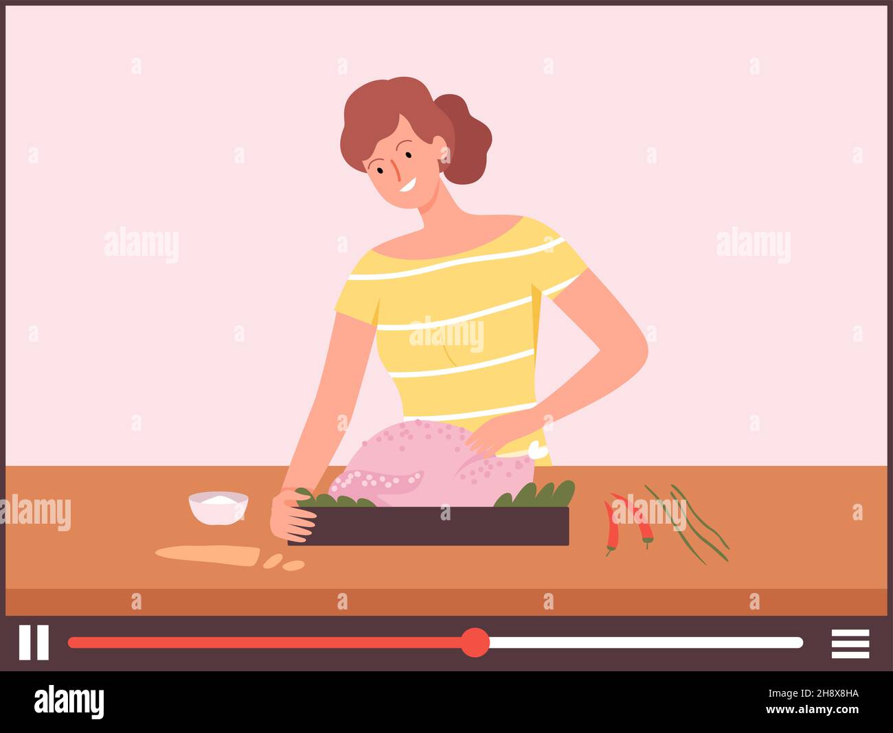 Frau kocht truthahn. Thanksgiving Dinner Online-Tutorial, Web kulinarische Schule. Girl Food blogger oder Vlogger, Internet-Live-Stream-Kanal-Vektor Stock Vektor