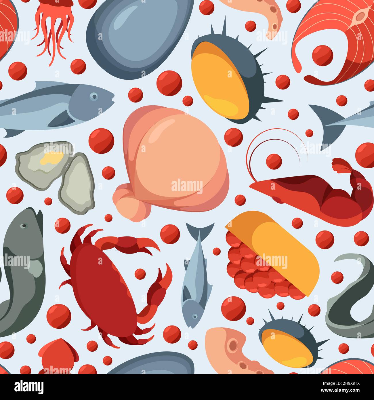 Meeresfrüchtemuster. Textil-Design mit marinen Unterwasser Tiere Hummer Fisch Auster Krabbe grellen Vektor farbigen nahtlosen Hintergrund Stock Vektor