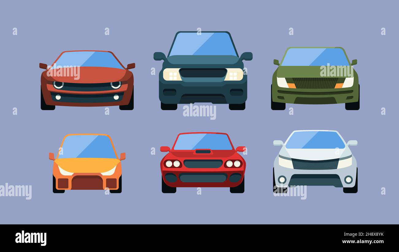 Vorderansicht des Fahrzeugs. Urbane Fahrzeuge in flachen Stil LKW farbige Autos grellen Vektor-Illustrationen gesetzt Stock Vektor